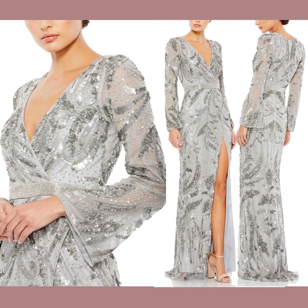 NWT $598 Mac Duggal [ 14 ] Sequined Faux Wrap Split Long Sleeve Gown Grey #G1620